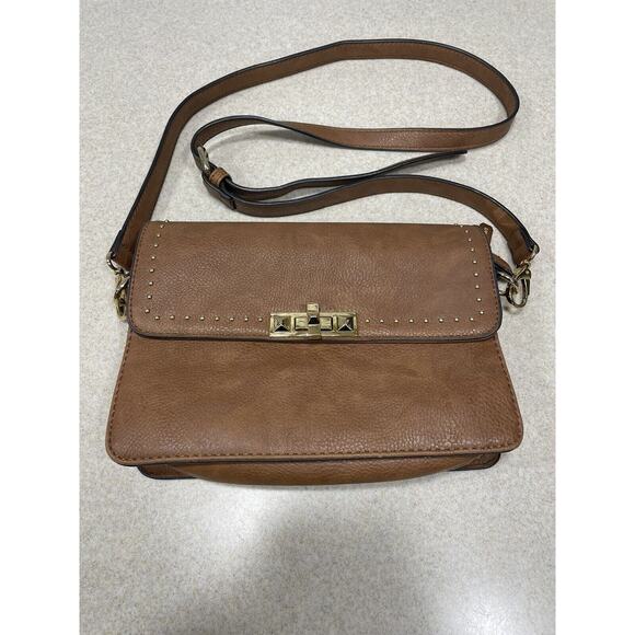 Gussaci Pebbled Faux Leather Crossbody Handbag. Brown With Gold Hardware - Picture 1 of 11